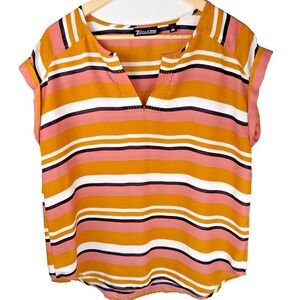 7th Avenue Design Studio Short Sleeve Neutral Stripe Blouse Peasant Womens Large